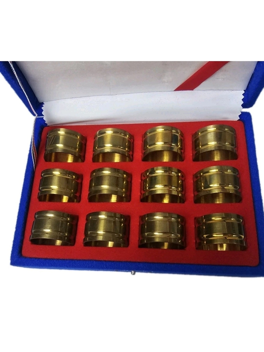 Vintage 12 Piece Brass Napkin Rings Patina Set In Original Box